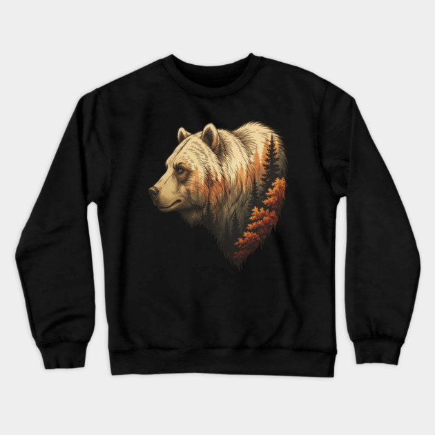 Grizzly Bear Double Exposure Autumn Forest Graphic Crewneck Sweatshirt by BirdsnStuff