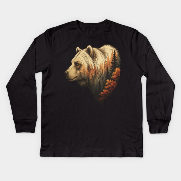 Grizzly Bear Double Exposure Autumn Forest Graphic Kids Long Sleeve T-Shirt by BirdsnStuff