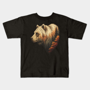 Grizzly Bear Double Exposure Autumn Forest Graphic Kids T-Shirt