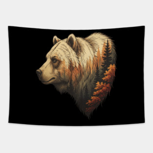 Grizzly Bear Double Exposure Autumn Forest Graphic Tapestry