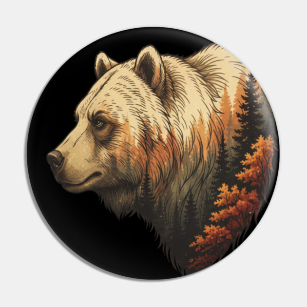Grizzly Bear Double Exposure Autumn Forest Graphic Pin by BirdsnStuff