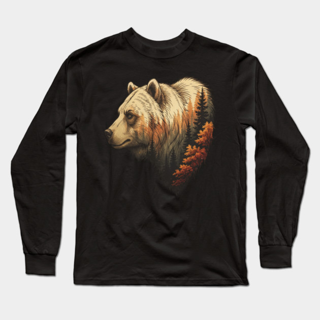 Grizzly Bear Double Exposure Autumn Forest Graphic Long Sleeve T-Shirt by BirdsnStuff