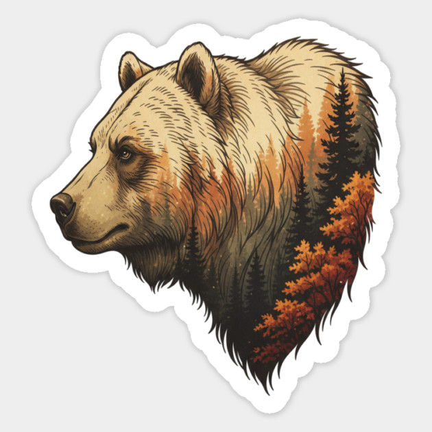 Grizzly Bear Double Exposure Autumn Forest Graphic Magnet by BirdsnStuff