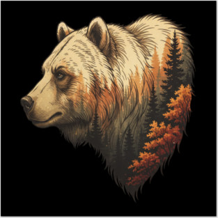 Grizzly Bear Double Exposure Autumn Forest Graphic Posters and Art