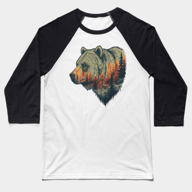 Grizzly Bear Double Exposure Pine Forest Nature Baseball T-Shirt by BirdsnStuff