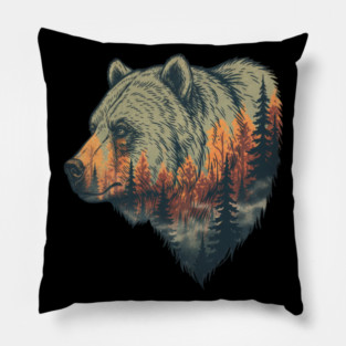 Grizzly Bear Double Exposure Pine Forest Nature Pillow
