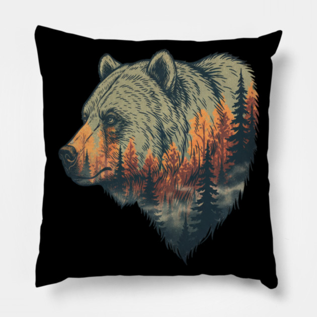 Grizzly Bear Double Exposure Pine Forest Nature Pillow by BirdsnStuff