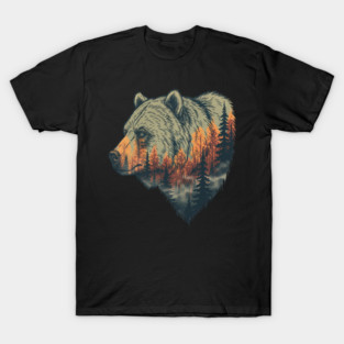 Grizzly Bear Double Exposure Pine Forest Nature T-Shirt