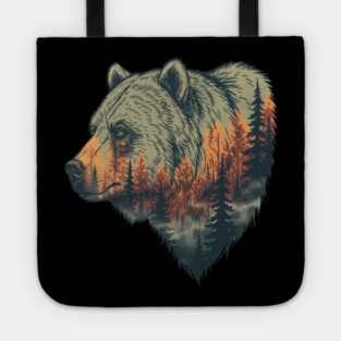 Grizzly Bear Double Exposure Pine Forest Nature Tote