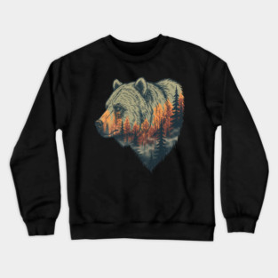 Grizzly Bear Double Exposure Pine Forest Nature Crewneck Sweatshirt