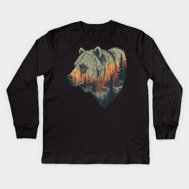 Grizzly Bear Double Exposure Pine Forest Nature Kids Long Sleeve T-Shirt by BirdsnStuff