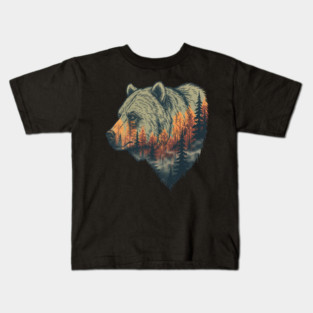 Grizzly Bear Double Exposure Pine Forest Nature Kids T-Shirt