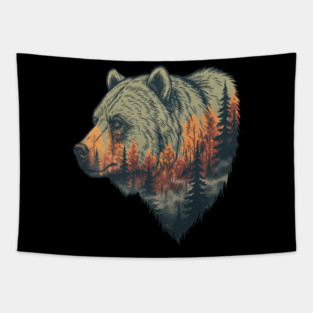 Grizzly Bear Double Exposure Pine Forest Nature Tapestry