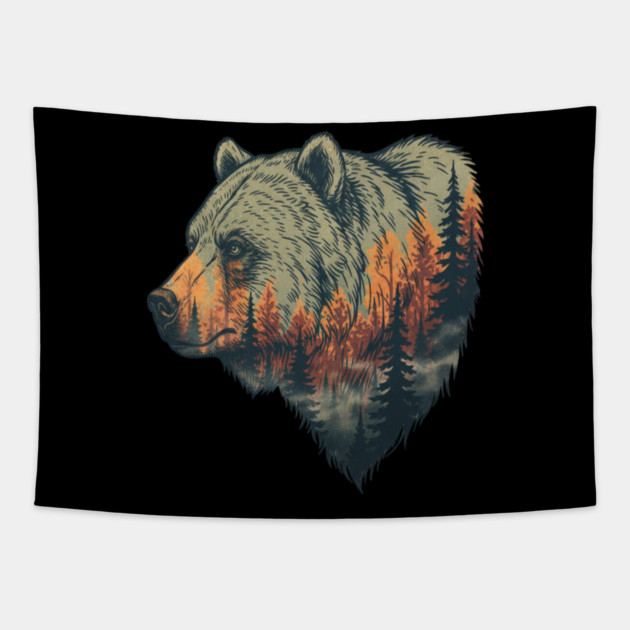 Grizzly Bear Double Exposure Pine Forest Nature Tapestry by BirdsnStuff