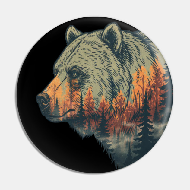 Grizzly Bear Double Exposure Pine Forest Nature Pin by BirdsnStuff