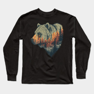 Grizzly Bear Double Exposure Pine Forest Nature Long Sleeve T-Shirt