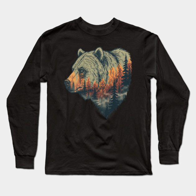 Grizzly Bear Double Exposure Pine Forest Nature Long Sleeve T-Shirt by BirdsnStuff