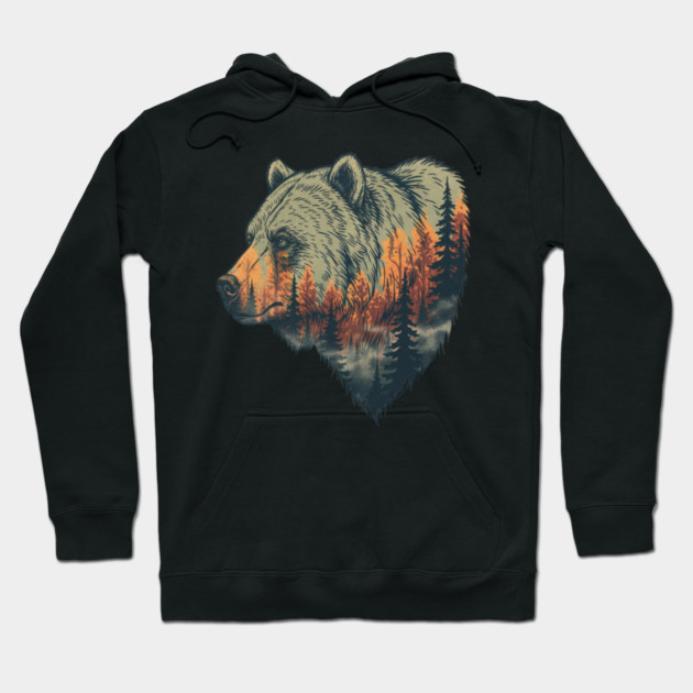 Grizzly Bear Double Exposure Pine Forest Nature Hoodie by BirdsnStuff