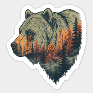 Grizzly Bear Double Exposure Pine Forest Nature Sticker