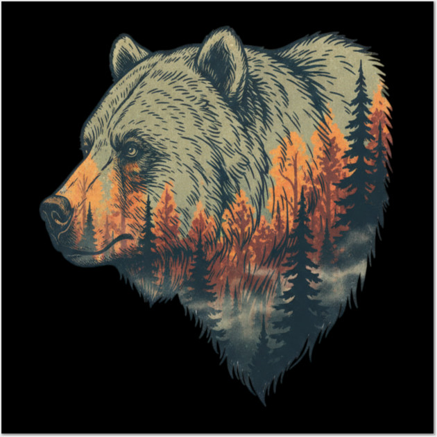 Grizzly Bear Double Exposure Pine Forest Nature Wall Art by BirdsnStuff