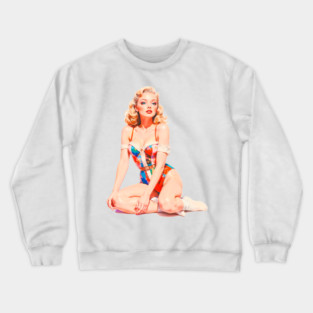 REVISTANGO #470 - Classic Blonde Pinup Model Posing Gracefully in a Floral Patterned Swimsuit and White Boots, Sexy Pin-Up Vintage Art Retro Style Comic Pulp Crewneck Sweatshirt