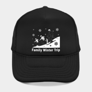 Family of Four Skiing Downhill Together in Winter Hat