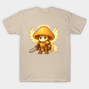 Celesticap the Golden Seraph – Cute Mushroom Warrior Cartoon T-Shirt