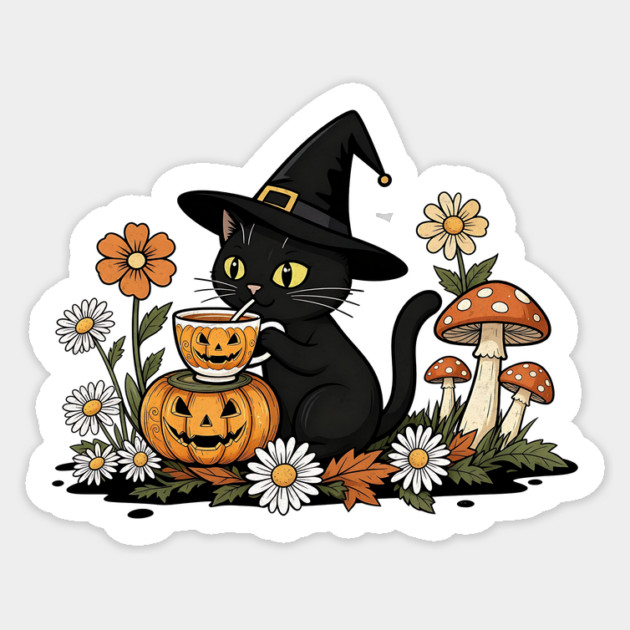 Witch’s Brew & Purrs – Cozy Cat Tea Party Sticker by Designed By Marty