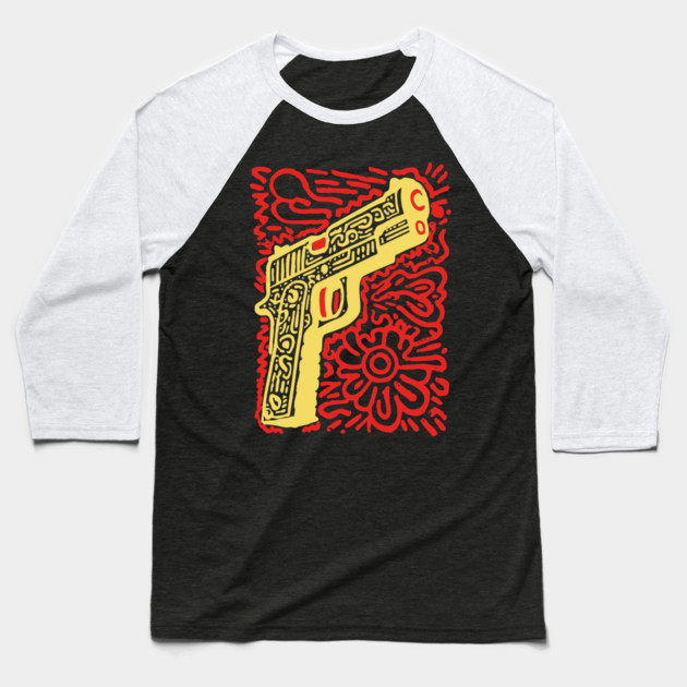Psychedelic Pop Art Pistol | The Abstract Bang Baseball T-Shirt by TuncGK