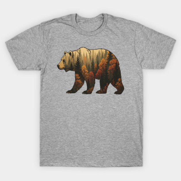 Autumn Grizzly Bear Lovers Nature Double Exposure Silhouette T-Shirt by BirdsnStuff