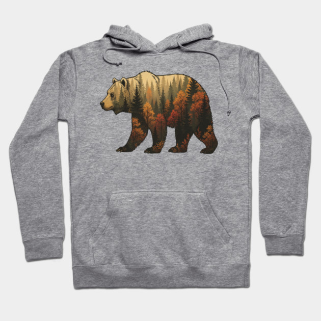 Autumn Grizzly Bear Lovers Nature Double Exposure Silhouette Hoodie by BirdsnStuff