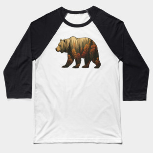 Autumn Grizzly Bear Lovers Nature Double Exposure Silhouette Baseball T-Shirt