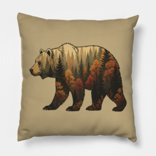 Autumn Grizzly Bear Lovers Nature Double Exposure Silhouette Pillow