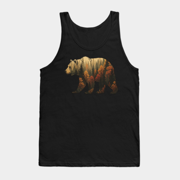 Autumn Grizzly Bear Lovers Nature Double Exposure Silhouette Tank Top by BirdsnStuff