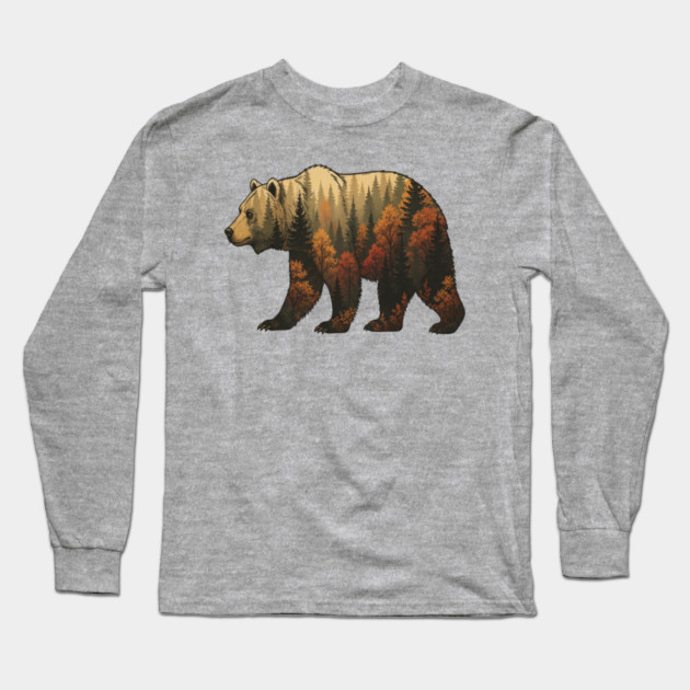 Autumn Grizzly Bear Lovers Nature Double Exposure Silhouette Long Sleeve T-Shirt by BirdsnStuff