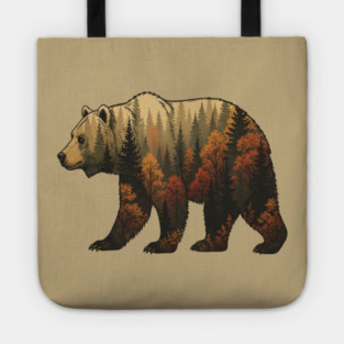 Autumn Grizzly Bear Lovers Nature Double Exposure Silhouette Tote