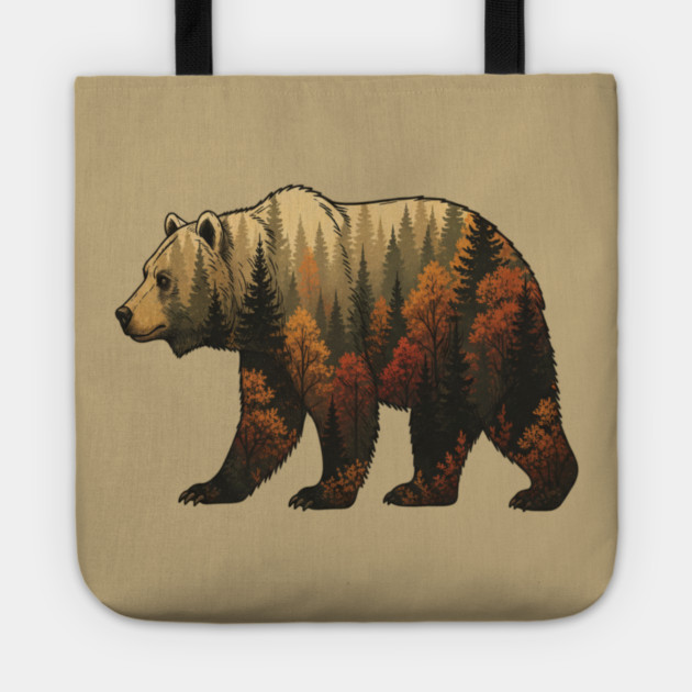 Autumn Grizzly Bear Lovers Nature Double Exposure Silhouette Tote by BirdsnStuff