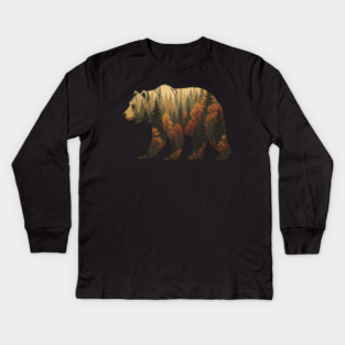 Autumn Grizzly Bear Lovers Nature Double Exposure Silhouette Kids Long Sleeve T-Shirt