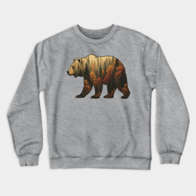 Autumn Grizzly Bear Lovers Nature Double Exposure Silhouette Crewneck Sweatshirt by BirdsnStuff