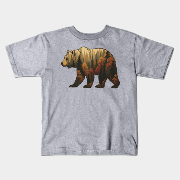 Autumn Grizzly Bear Lovers Nature Double Exposure Silhouette Kids T-Shirt by BirdsnStuff