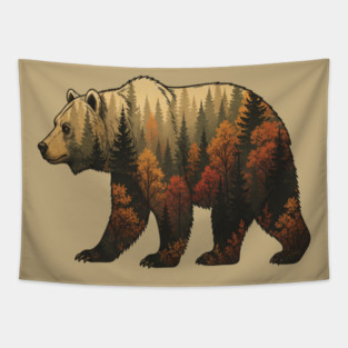 Autumn Grizzly Bear Lovers Nature Double Exposure Silhouette Tapestry