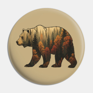 Autumn Grizzly Bear Lovers Nature Double Exposure Silhouette Pin