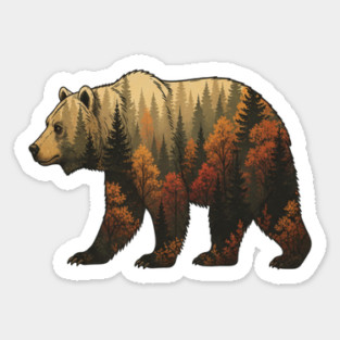 Autumn Grizzly Bear Lovers Nature Double Exposure Silhouette Magnet