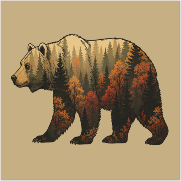 Autumn Grizzly Bear Lovers Nature Double Exposure Silhouette Wall Art by BirdsnStuff