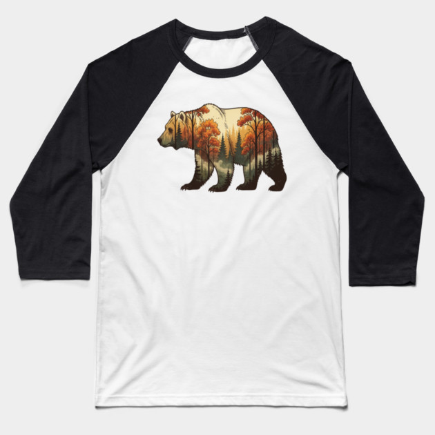 Autumn Grizzly Bear Double Exposure Silhouette Nature Baseball T-Shirt by BirdsnStuff