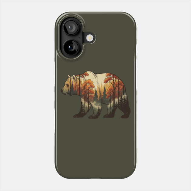 Autumn Grizzly Bear Double Exposure Silhouette Nature Phone Case by BirdsnStuff