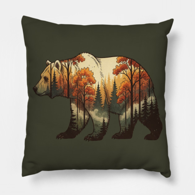 Autumn Grizzly Bear Double Exposure Silhouette Nature Pillow by BirdsnStuff