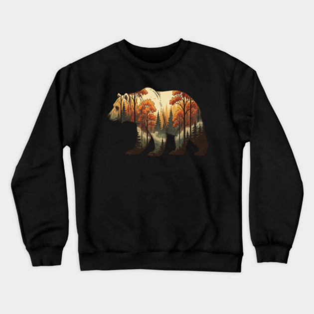 Autumn Grizzly Bear Double Exposure Silhouette Nature Crewneck Sweatshirt by BirdsnStuff