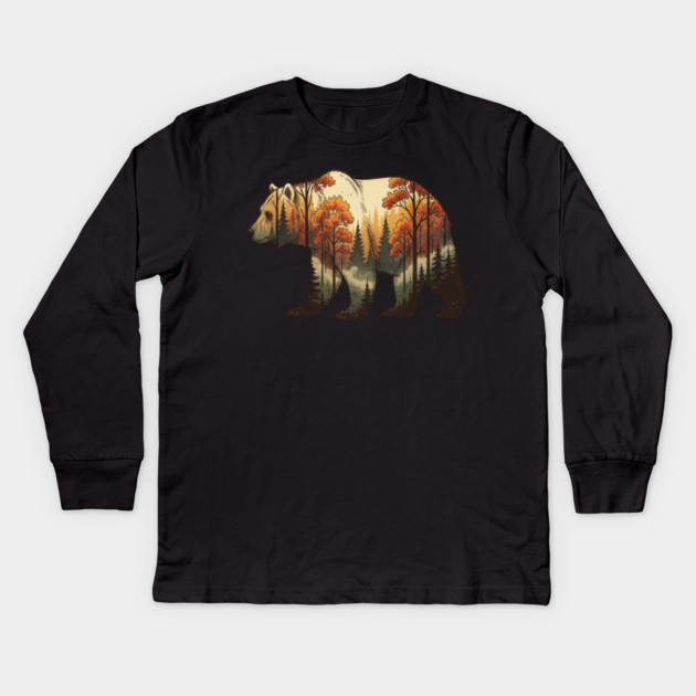 Autumn Grizzly Bear Double Exposure Silhouette Nature Kids Long Sleeve T-Shirt by BirdsnStuff