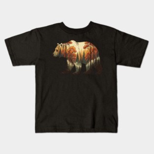 Autumn Grizzly Bear Double Exposure Silhouette Nature Kids T-Shirt